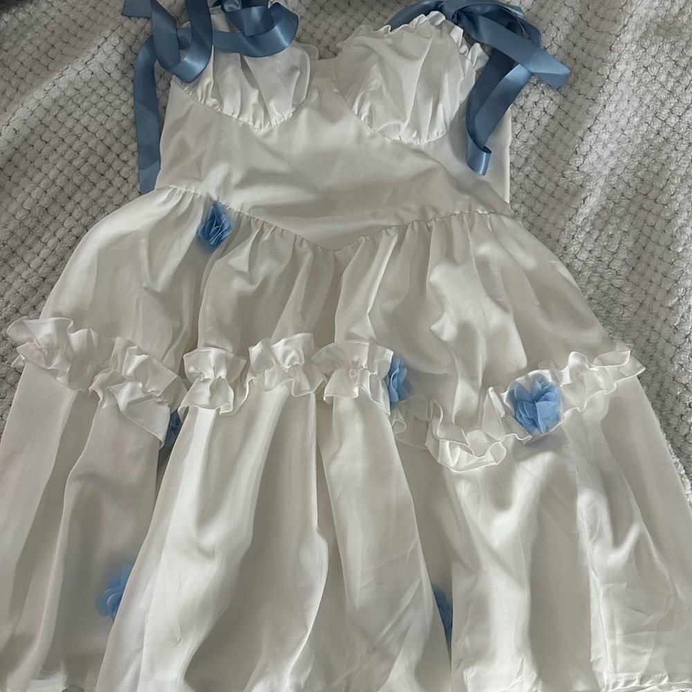 White Dress with Blue Accents